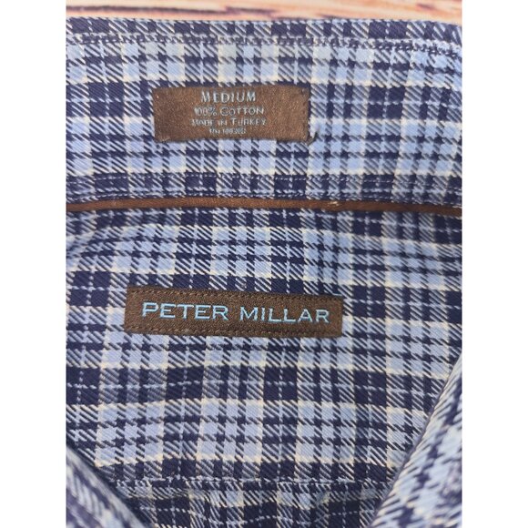 Peter Millar Mens Blue Plaid Shirt Medium Cotton Long Sleeve - Picture 6 of 7